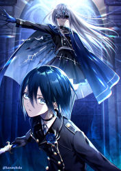 Rule 34 | &gt;:(, 1boy, 1girl, architecture, artist name, black jacket, black skirt, black thighhighs, blue flower, blue gloves, blue rose, buttons, cape, closed mouth, collared shirt, floating cape, flower, gloves, gothic architecture, hair between eyes, highres, holding, jacket, kazunehaka, knife, long hair, looking at viewer, mask, miniskirt, original, rose, shirt, short hair, skirt, smile, thighhighs, white hair, zettai ryouiki