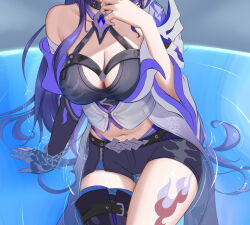 Rule 34 | 1girl, acheron (honkai: star rail), black gloves, black shorts, breasts, cleavage, coat, commentary, dealesis, gloves, halterneck, head out of frame, highres, honkai: star rail, honkai (series), large breasts, leg tattoo, long hair, midriff, navel, purple hair, short shorts, shorts, single bare shoulder, single glove, sitting, solo, tattoo, thighs, unfinished, very long hair, white coat