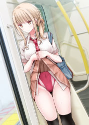 Rule 34 | 1girl, bag, black thighhighs, blonde hair, blunt bangs, blush, breasts, brown eyes, brown skirt, closed mouth, collared shirt, dot nose, embarrassed, female focus, hair ornament, hair over shoulder, hair scrunchie, highres, large breasts, lifted by self, long hair, looking away, necktie, one-piece swimsuit, oouso, original, over-kneehighs, pleated skirt, ponytail, red necktie, red one-piece swimsuit, scrunchie, shirt, short sleeves, shoulder bag, skirt, solo, swimsuit, swimsuit under clothes, thigh gap, thighhighs, train interior, white shirt