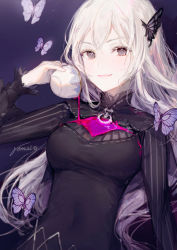 Rule 34 | 1girl, black dress, blonde hair, breasts, bug, butterfly, butterfly hair ornament, closed mouth, colored eyelashes, commentary request, covered navel, cup, dark background, dress, echidna (re:zero), gomzi, grey eyes, hair ornament, holding, holding cup, insect, long hair, looking at viewer, medium breasts, night, night sky, pouring, pouring onto self, re:zero kara hajimeru isekai seikatsu, sky, smile, solo, upper body, very long hair