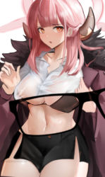 Rule 34 | 1girl, :o, absurdres, artist name, aru (blue archive), black-framed eyewear, black bra, black skirt, blue archive, blunt bangs, blurry, bra, breasts, bright pupils, cleavage, coat, collared shirt, glasses, halo, highres, horns, large breasts, long hair, long sleeves, looking at viewer, miniskirt, navel, open clothes, open coat, open mouth, orange eyes, pink hair, purple coat, see-through, shirt, sitting, skirt, solo, underwear, wawamachi (wawamachis), wet, wet clothes, wet shirt, x-ray glasses, x-ray vision