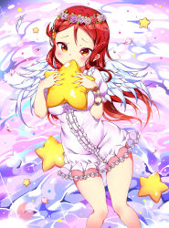 Rule 34 | 10s, 1girl, angel wings, blush, center frills, covering own mouth, dress, feathered wings, flower bracelet, frilled sleeves, frills, hair ornament, hairclip, head wreath, highres, holding, holding pillow, joptr06, love live!, love live! school idol festival, love live! sunshine!!, orange eyes, petals, pillow, red hair, sakurauchi riko, short dress, short sleeves, solo, sparkle, star-shaped pillow, white dress, white wings, wings