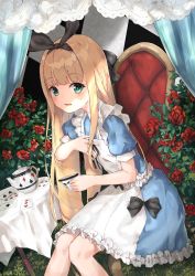 Rule 34 | 1girl, absurdres, apron, black bow, black ribbon, blonde hair, blush, bow, card, chair, checkered wall, commentary, cup, curtains, dress, epi zero, flower, green eyes, hair bow, highres, long hair, looking at viewer, mononobe alice, mononobe alice (1st costume), nijisanji, open mouth, playing card, puffy short sleeves, puffy sleeves, ribbon, rose, short sleeves, smile, solo, table, tablecloth, tea, teacup, teapot, very long hair, virtual youtuber, white apron
