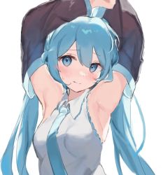 Rule 34 | 1girl, armpits, arms up, blush, detached sleeves, green eyes, green hair, green necktie, hatsune miku, highres, looking at viewer, necktie, otintin, shirt, simple background, sleeveless, sleeveless shirt, smile, solo, sweatdrop, twintails, upper body, vocaloid, white background