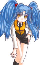 Rule 34 | 1girl, black skirt, blue hair, ebi tendon, formal, highres, hoshino ruri, kidou senkan nadesico, legs up, long sleeves, looking at viewer, pencil skirt, simple background, skirt, solo, standing, standing on one leg, suit, twintails, unfinished, vest, white background, yellow eyes