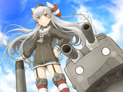 Rule 34 | 10s, 1girl, amatsukaze (kancolle), black panties, blue sky, blush, breasts, brown eyes, cloud, cowboy shot, day, dress, garter straps, gloves, hair tubes, hand on own hip, highres, kantai collection, long hair, long sleeves, looking at viewer, outdoors, panties, qome, rensouhou-kun, sailor dress, see-through, short dress, silver hair, single glove, sky, small breasts, solo, standing, striped clothes, striped thighhighs, thighhighs, torpedo, two side up, underwear, white gloves