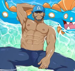 Rule 34 | 1boy, abs, absurdres, archie (pokemon), arm up, armpits, bandana, bara, beard, black eyes, blue bandana, bodysuit, brown hair, bulge, commentary, creatures (company), dark-skinned male, dark skin, diving suit, english commentary, facial hair, feet out of frame, game freak, gen 3 pokemon, highres, huntail, large pectorals, lying, male focus, mature male, muscular, muscular male, navel, nintendo, nipples, on back, paid reward available, partially submerged, pectorals, pokemon, pokemon (creature), pokemon oras, short hair, solo focus, somindul, spread legs, stomach, thick thighs, thighs, topless male, wetsuit