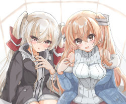 Rule 34 | 2girls, alternate costume, amatsukaze (kancolle), blue jacket, blush, breasts, brown eyes, brown jacket, casual, dress, hair between eyes, hair tubes, jacket, johnston (kancolle), kantai collection, kasashi (kasasi008), light brown hair, long hair, looking at viewer, looking up, medium breasts, multiple girls, official alternate costume, open mouth, ribbed dress, silver hair, sitting, smokestack hair ornament, two side up