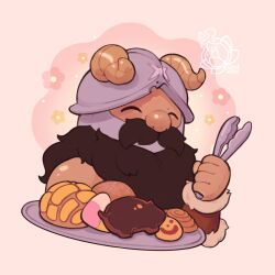 Rule 34 | 1boy, ^ ^, azulotus, beard, bread, chibi, chibi only, chocolate, closed eyes, dungeon meshi, dwarf, facial hair, fake horns, food, happy aura, helmet, highres, holding, holding tongs, horned helmet, horns, long beard, male focus, mustache, plate, senshi (dungeon meshi), smile, solo, sweets, thick mustache, tongs, very long beard