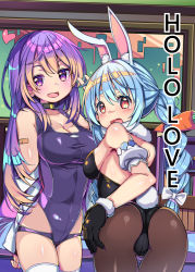 Rule 34 | 2girls, absurdres, animal ear fluff, animal ears, ass, backless leotard, backless outfit, bare shoulders, black leotard, black pantyhose, blue hair, chai mao, cowboy shot, embarrassed, highres, hololive, hololive indonesia, leotard, looking at viewer, moona hoshinova, multiple girls, one-piece swimsuit, open mouth, pantyhose, playboy bunny, purple hair, purple one-piece swimsuit, rabbit ears, rabbit girl, rabbit tail, strapless, strapless leotard, swimsuit, tail, tearing up, usada pekora, usada pekora (1st costume), virtual youtuber