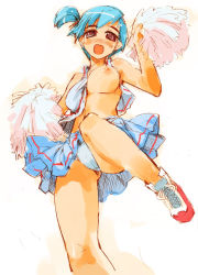 Rule 34 | 1girl, black eyes, blue hair, blue panties, blue shirt, blue skirt, blush, breasts, breasts out, cheerleader, crop top, from below, hair ribbon, holding, knee up, large breasts, leg up, long hair, looking at viewer, looking down, midriff, nipples, no bra, okome rice, one breast out, open clothes, open mouth, open shirt, panties, pointy ears, pom pom (cheerleading), ponytail, ribbon, shirt, shoes, side ponytail, skirt, smile, sneakers, solo, underwear, upskirt, white background, white footwear