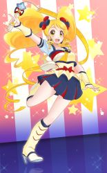 Rule 34 | 10s, 1girl, :d, absurdres, alternate form, arm up, blonde hair, blue skirt, boots, bow, brooch, cure honey, cure honey (popcorn cheer), earrings, full body, happinesscharge precure!, heart, heart brooch, high heel boots, high heels, highres, jewelry, knee boots, long hair, multicolored clothes, multicolored skirt, oomori yuuko, open mouth, precure, skirt, smile, solo, standing, standing on one leg, star (symbol), twintails, waist bow, wand, wrist cuffs, yellow eyes, yupiteru