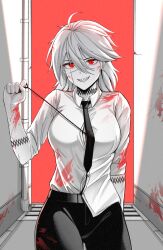 Rule 34 | 1girl, absurdres, ahoge, alley, arm tattoo, black necktie, black pants, black survival, blood, blood in hair, blood on arm, blood on clothes, blood on face, blood on wall, breasts, chainsaw man, collared shirt, commentary request, cosplay, cowboy shot, cross scar, denji (chainsaw man), denji (chainsaw man) (cosplay), dress shirt, grin, hair between eyes, highres, jackie quilt, kisa (leg3043), korean commentary, limited palette, long bangs, looking at viewer, medium breasts, medium hair, neck tattoo, necktie, pants, red eyes, revision, scar, scar on face, sharp teeth, shirt, shirt partially tucked in, sleeves rolled up, smile, solo, tattoo, teeth, white hair, white shirt