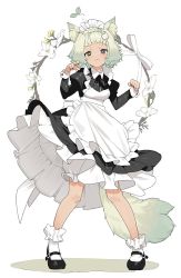 Rule 34 | 1girl, :3, animal ear fluff, animal ears, apron, black bow, black dress, black footwear, black nails, bow, bowtie, braid, breasts, closed mouth, collared dress, collared shirt, commentary request, commission, dress, flower, full body, green eyes, green hair, hair ornament, hands up, heterochromia, highres, juliet sleeves, long sleeves, looking at viewer, maid, maid apron, maid headdress, mary janes, medium breasts, meido-fuku ga mitai, nail polish, original, petticoat, plant, puffy sleeves, purple eyes, shadow, shirt, shoes, short eyebrows, skeb commission, small breasts, solo, standing, tail, thick eyebrows, vines, white background, white legwear