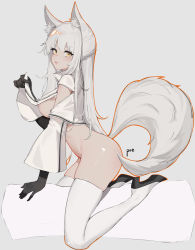 Rule 34 | 1girl, animal ear fluff, animal ears, arknights, artist name, black gloves, blouse, boots, bottomless, breasts, clothes lift, from side, full body, gloves, grey background, highres, large breasts, long hair, no bra, open mouth, platinum (arknights), pre (preecho), shirt, sideboob, sidelocks, simple background, skindentation, solo, tail, thigh boots, thighhighs, white footwear, white hair, white shirt, white thighhighs, yellow eyes