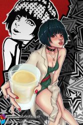 Rule 34 | 1girl, absurdres, blush, breasts, choker, cleavage, collarbone, downblouse, dress, green dress, highres, looking at viewer, off shoulder, persona, persona 5, persona 5 the royal, self-upload, solo, stefano fuor d&#039;acqua, suggestive fluid, takemi tae