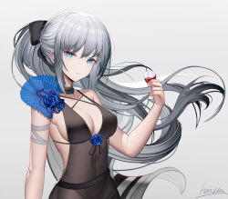 Rule 34 | 1girl, alternate costume, artist name, bare shoulders, black choker, black dress, blue eyes, bow, breasts, choker, cleavage, closed mouth, collarbone, covered navel, cup, dress, drinking glass, fate/grand order, fate (series), grey background, grey hair, hair bow, heatia, highres, holding, holding cup, long hair, looking at viewer, medium breasts, morgan le fay (fate), ponytail, sidelocks, simple background, smile, solo, upper body, wine glass