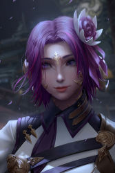 Rule 34 | 1girl, artist name, au ra, character request, chuby mi, closed mouth, commentary, final fantasy, final fantasy xiv, flower, forehead, hair flower, hair ornament, hair ribbon, highres, lips, long hair, multicolored hair, no bangs, nose, pink lips, purple eyes, purple hair, purple ribbon, realistic, ribbon, short hair, smile, solo, streaked hair, upper body