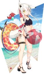 Rule 34 | 1girl, absurdres, animal ear fluff, animal ears, arm ribbon, ball, bandages, beach, bikini, black footwear, black one-piece swimsuit, blush, breasts, cloud, cup, day, drinking glass, drinking straw, full body, hair ornament, hair ribbon, hairclip, heterochromia, highres, holding, holding ball, holding cup, innertube, kosetsu kizuna, long hair, looking at viewer, looking to the side, mechanical arms, moai21, nail polish, navel, ocean, one-piece swimsuit, original, red eyes, ribbon, scar, side-tie bikini bottom, single mechanical arm, skindentation, sky, small breasts, smile, standing, swim ring, swimsuit, tail, thigh strap, water, white hair, yellow eyes