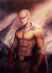 Rule 34 | 1boy, abs, bald, belt, black belt, black eyes, bodysuit, cape, clenched hands, closed mouth, commentary, english commentary, gloves, highres, looking at viewer, male focus, one-punch man, outdoors, red gloves, saitama (one-punch man), serious, solo, thunderseth, white cape, yellow bodysuit