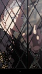 Rule 34 | 1boy, absurdres, arima (arima onsen), black jacket, eyebrow cut, fence, grey eyes, grey hair, hand up, highres, jacket, long sleeves, looking at viewer, male focus, mitsuya takashi, parted lips, short hair, smile, solo, tokyo revengers, upper body
