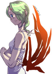 Rule 34 | 1girl, absurdres, blue eyes, breasts, breath of fire, breath of fire v, closed mouth, commentary, dated, dress, facial mark, full-body tattoo, green hair, hair over one eye, highres, long hair, looking at viewer, nina (breath of fire v), red wings, simple background, small breasts, snow12, solo, tattoo, white background, white dress, wings