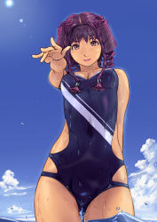 Rule 34 | 1girl, arm behind back, blue sky, braid, breasts, carina (xiaowoo), cleavage, cloud, day, drill hair, foreshortening, hair over shoulder, hair tubes, highres, lens flare, lipstick, long hair, looking down, makeup, medium breasts, one-piece swimsuit, original, outstretched arm, purple hair, purple lips, sky, solo, swimsuit, twin braids, twin drills, twintails, wading, water, water drop, wet