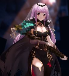 Rule 34 | 1girl, breasts, cleavage, dayshiart, diamond hoe, highres, holding hoe, hololive, hololive english, large breasts, long hair, looking at viewer, minecraft, mori calliope, parted lips, pink hair, red eyes, solo, tiara, veil, virtual youtuber