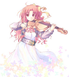 Rule 34 | 1girl, belt, bug, butterfly, cropped jacket, dress, flower, furai, hair ribbon, insect, instrument, long hair, looking at viewer, music, one side up, parted bangs, playing instrument, red eyes, red hair, ribbon, smile, solo, violin, white background, yellow ribbon