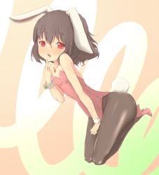 Rule 34 | 1girl, animal ears, bad id, bad pixiv id, brown hair, rabbit ears, playboy bunny, female focus, flat chest, full body, inaba tewi, jewelry, kneeling, middle finger, necklace, pantyhose, red eyes, short hair, solo, touhou, tuwako
