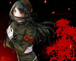 Rule 34 | 1boy, bandaged hand, bandages, black hair, brown hat, brown jacket, commentary request, danganronpa (series), danganronpa v3: killing harmony, dark background, dated, floral print, flower, hair over mouth, happy birthday, hat, jacket, jewelry, long hair, looking at viewer, male focus, miyuzu, necklace, peaked cap, shinguji korekiyo, solo, spider lily, uniform, upper body, yellow eyes