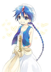 Rule 34 | 1boy, aladdin (magi), arms behind back, blue eyes, blue hair, braid, flute, grin, heart, instrument, jewelry, long hair, magi the labyrinth of magic, male focus, matching hair/eyes, midriff, navel, necklace, pa kiiro, powd, simple background, single braid, sitting, smile, solo, standing, turban, vest, white background