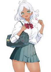 Rule 34 | 1girl, alternate costume, bag, blush, bow, bowtie, breasts, candy, dark-skinned female, dark skin, earrings, food, grey hair, gundam, gundam suisei no majo, heart, highres, holding, holding candy, holding food, jewelry, kajino (aosansai), lollipop, looking at viewer, medium breasts, parted bangs, pleated skirt, red bow, red bowtie, school bag, school uniform, secelia dote, shirt, shirt tucked in, simple background, skirt, smile, solo, stud earrings, white background, white shirt