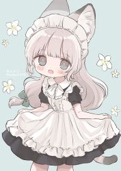 Rule 34 | 1girl, :d, ame usako, animal ear fluff, animal ears, apron, black dress, blue background, blush, bow, cat ears, cat girl, cat tail, center frills, collared dress, commentary request, dress, fang, flower, frilled apron, frills, grey eyes, grey hair, long hair, looking at viewer, maid, maid apron, maid headdress, open mouth, original, puffy short sleeves, puffy sleeves, short sleeves, simple background, skirt hold, smile, solo, tail, translation request, twitter username, very long hair, white apron, white bow, white flower