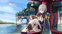 Rule 34 | 1boy, architecture, black footwear, black sleeves, blue cape, blue eyes, blue sky, book, bridal gauntlets, cape, closed mouth, csyday, detached sleeves, east asian architecture, fate/grand order, fate (series), grey hair, hair between eyes, highres, long sleeves, ocean, open book, pants, prince of lan ling (fate), reading, sash, shirt, short hair, simple background, sitting, sky, sleeveless, sleeveless shirt, water, white background, white pants, white shirt