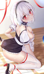 Rule 34 | 1girl, absurdres, apron, ass, azur lane, backless dress, backless outfit, black dress, black footwear, blush, breasts, cleavage, collar, dress, framed breasts, frilled apron, frills, full body, hair between eyes, hairband, high heels, highres, jyu-so, lace hairband, large breasts, looking back, metal collar, microdress, panties, pout, puffy short sleeves, puffy sleeves, red eyes, red ribbon, ribbon, seiza, shoes, short sleeves, sirius (azur lane), sitting, solo, spill, thighhighs, underwear, waist apron, water, white hair, white panties, white thighhighs, wooden floor