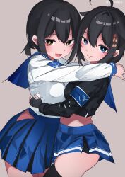 2girls :d ahoge alternate_costume anchor_print armband black_gloves black_hair black_shirt black_thighhighs blue_armband blue_eyes blue_sailor_collar blue_skirt blush brown_background brown_eyes commentary_request cowboy_shot cropped_shirt fingerless_gloves from_side fubuki_(kancolle) gloves hair_between_eyes hair_flaps hair_ornament hair_tie highres hug kantai_collection long_sleeves looking_at_viewer low_ponytail medium_hair microskirt midriff miron_(mirona33) multiple_girls navel open_mouth pleated_skirt ponytail race_queen sailor_collar shigure_(kancolle) shirt sidelocks simple_background skirt smile teeth thighhighs turning_head twitter_username upper_teeth_only white_shirt yuri