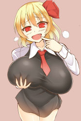 Rule 34 | 1girl, blonde hair, breast hold, breasts, facominn, fang, female focus, finger to mouth, hair ornament, highres, huge breasts, necktie, open mouth, red eyes, rumia, short hair, simple background, smile, solo, touhou