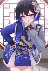 Rule 34 | 1girl, absurdres, black hair, blue dress, blue hair, blush, closed mouth, colored inner hair, commentary request, cowboy shot, crossed bangs, dress, floral print, flower, grey dress, hair between eyes, hair flower, hair ornament, hand on own hip, hand on own chin, highres, ichinose uruha, indoors, jewelry, leaning forward, long sleeves, looking at viewer, multicolored hair, nif7y, pout, purple eyes, short hair, sleeves past wrists, solo, standing, two-tone dress, virtual youtuber, vspo!