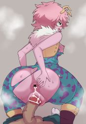 Rule 34 | 10s, 1girl, anus, ashido mina, ass, black sclera, bodysuit, boku no hero academia, breasts, censored, clothed sex, colored sclera, colored skin, cum, cum in pussy, from behind, fur trim, highres, horns, nipples, penis, pink hair, pink skin, pussy, sex, short hair, solo, squatting, torn bodysuit, torn clothes, vaginal, veins, veiny penis, vest, yellow eyes