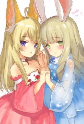 Rule 34 | 2girls, ahoge, animal ears, bare shoulders, blonde hair, blue kimono, brown hair, rabbit ears, choker, curly hair, detached sleeves, dog ears, dress, elin, emily (pure dream), face-to-face, from side, green eyes, holding hands, highres, japanese clothes, kimono, long hair, looking at viewer, multiple girls, open mouth, pink dress, purple eyes, smile, strapless, strapless dress, tera online, upper body