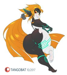 Rule 34 | 1girl, 2017, ass, barefoot, blonde hair, breasts, colored sclera, colored skin, dated, feet, from behind, full body, grin, highres, huge ass, long hair, looking back, looking down, medium breasts, midna, multicolored skin, nintendo, pointy ears, ponytail, pussy, red eyes, shiny skin, simple background, smile, soles, solo, tangobat, the legend of zelda, the legend of zelda: twilight princess, thick thighs, thighs, toes, two-tone skin, uncensored, white background, yellow sclera