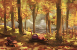 Rule 34 | autumn leaves, character request, closed eyes, day, forest, gooey (kirby), highres, kirby, kirby (series), long tongue, looking at another, looking away, nature, nintendo, open mouth, outdoors, parted lips, sleeping, smile, suyasuyabi, tongue, tree