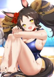 Rule 34 | + +, 1girl, absurdres, animal ears, bare shoulders, barefoot, blue one-piece swimsuit, blush, breasts, brown hair, cleavage, drill hair, drill sidelocks, flower, hair flower, hair ornament, highres, horse ears, horse girl, horse tail, large breasts, long hair, looking at viewer, maou (maoudaisukiya), marvelous sunday (umamusume), one-piece swimsuit, open mouth, sideboob, sidelocks, sitting, smile, solo, swimsuit, tail, umamusume, yellow eyes