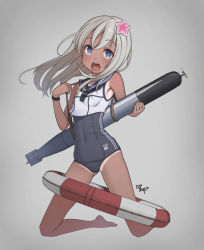 Rule 34 | 10s, 1girl, blonde hair, blue eyes, crop top, dump (davidtange2), flower, hair flower, hair ornament, kantai collection, kneeling, lifebuoy, long hair, md5 mismatch, one-piece swimsuit, one-piece tan, ro-500 (kancolle), sailor collar, school swimsuit, solo, swim ring, swimsuit, swimsuit under clothes, tan, tanline, torpedo