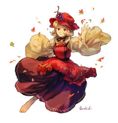 Rule 34 | 1girl, aki minoriko, apron, autumn leaves, barefoot, black ribbon, blonde hair, brown skirt, food-themed hair ornament, full body, grape hair ornament, hair ornament, hashibi rokou, hat, highres, juliet sleeves, leaf, long sleeves, looking at viewer, mob cap, neck ribbon, puffy sleeves, red apron, red eyes, red hat, ribbon, shirt, short hair, signature, simple background, skirt, smile, solo, touhou, wheat, white background, wide sleeves, yellow shirt