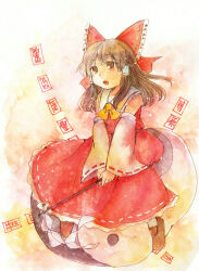 Rule 34 | 1girl, bow, breasts, brown eyes, brown footwear, brown hair, detached sleeves, frilled bow, frills, full body, gohei, hair bow, hair tubes, hakurei reimu, holding, holding gohei, medium hair, one-hour drawing challenge, open mouth, painting (medium), red bow, red shirt, red skirt, shirt, shiz (#0077), simple background, skirt, sleeveless, sleeveless shirt, small breasts, solo, touhou, traditional media, watercolor (medium)