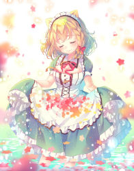 Rule 34 | 1girl, animal ears, apron, blonde hair, blush, bow, braid, breasts, cleavage, cleavage cutout, closed mouth, clothing cutout, dog ears, dress, closed eyes, facing viewer, flower, frilled apron, frilled dress, frills, green dress, hair bow, head tilt, long hair, looking at viewer, maid, medium breasts, nemuri nemu, original, puffy short sleeves, puffy sleeves, red bow, red flower, red ribbon, ribbon, short sleeves, single braid, skirt hold, smile, solo, standing, wading, water, white apron