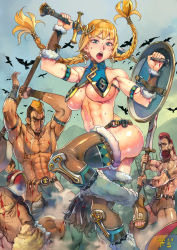 Rule 34 | 1girl, 4boys, abs, armor, armpits, artist name, axe, bad id, bad pixiv id, battle axe, bird, blonde hair, blue eyes, braid, breasts, dated, f.s., highres, multiple boys, muscular, muscular female, open mouth, original, outdoors, shield, sweat, sword, tagme, toeless footwear, twin braids, warrior, weapon