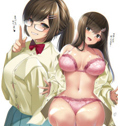 Rule 34 | bra, breasts, brown hair, cleavage, glasses, hair ornament, highres, long hair, open clothes, open mouth, open shirt, original, panties, ponytail, shirt, smile, suzuki nene, underwear